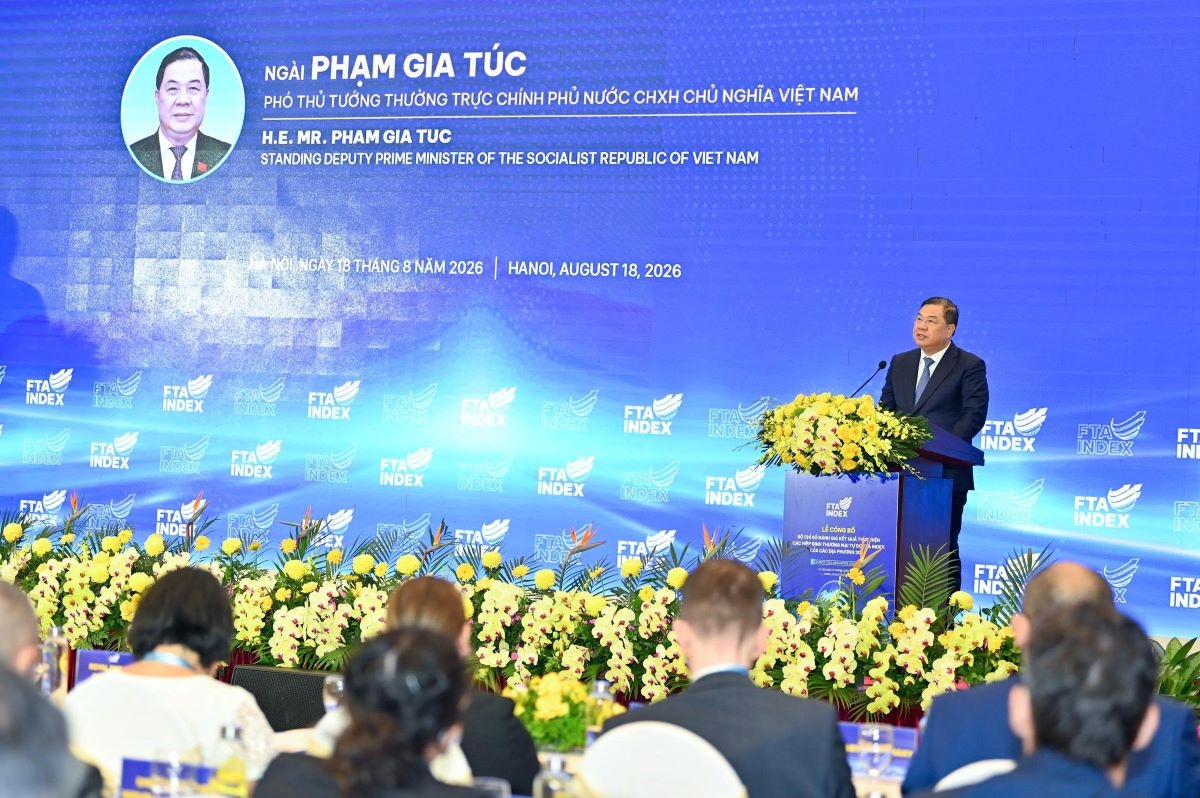 Deputy PM Pham Gia Tuc speaks at a ceremony to announce Vietnam’s 2025 FTA Index, Hanoi, August 18, 2026. (Photo: VOV/Nguyen Long)