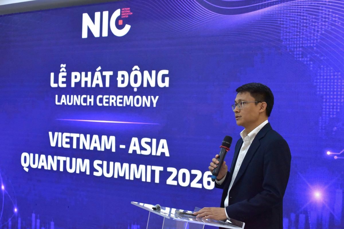 Deputy Director of the National Innovation Centre (NIC) Vo Xuan Hoai speaks at the launch of the Vietnam–Asia Quantum Summit 2026. (Photo: Minh Quyen/VOV)
