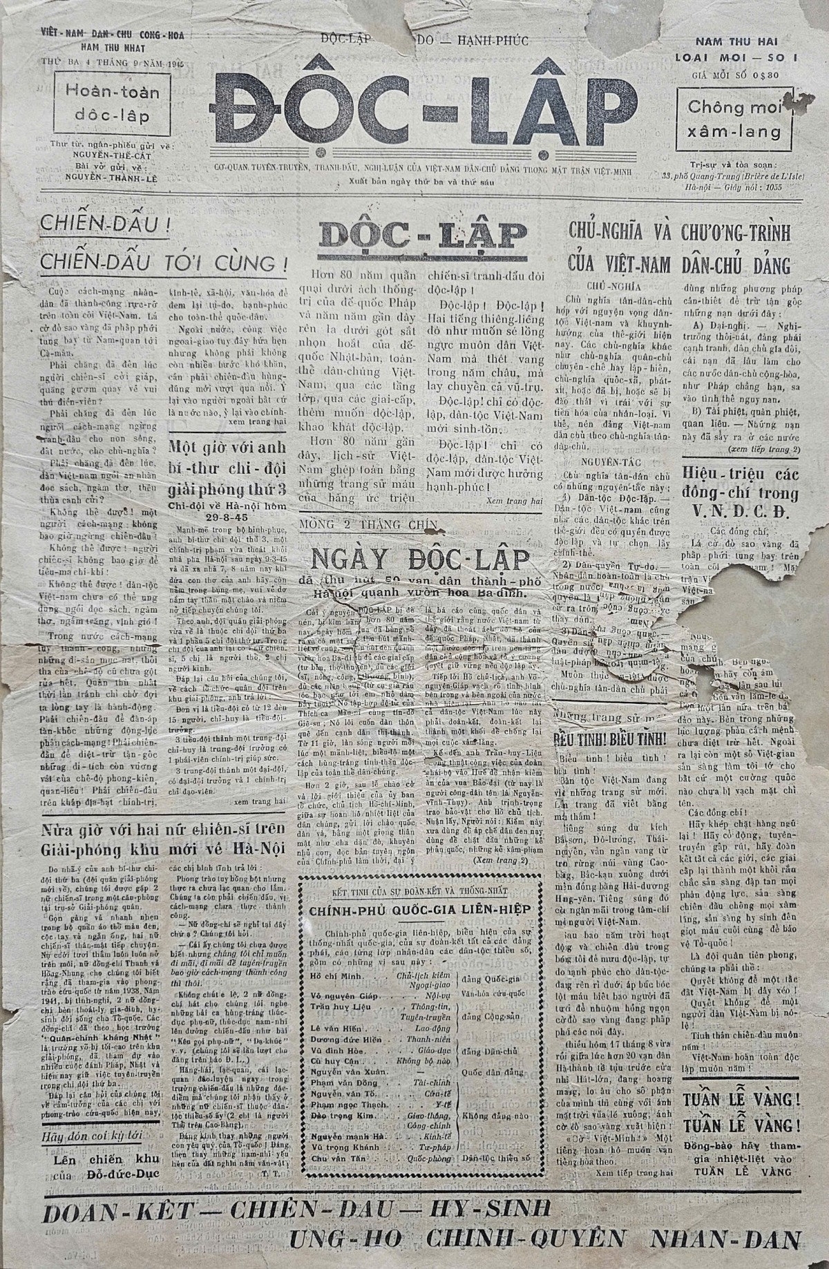 Le journal Dôc Lâp du 4 septembre 1945, l'un des premiers à relater l'Indépendance. Photo: Nguyên Phi Dung