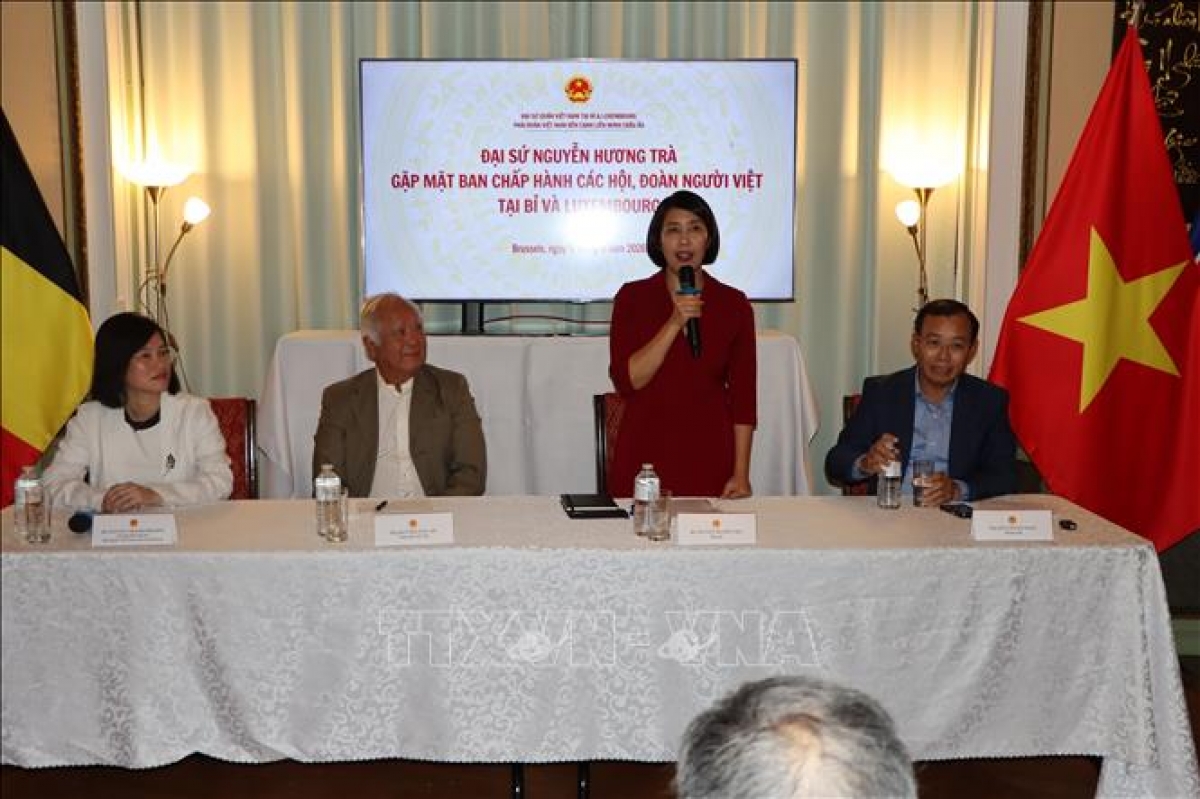 Đại sứ Nguyễn Hương Trà thông báo tình hình đất nước tới đại diện cộng đồng người Việt tại Bỉ và Luxembourg. Ảnh: Lan Anh/PV TTXVN tại Bỉ