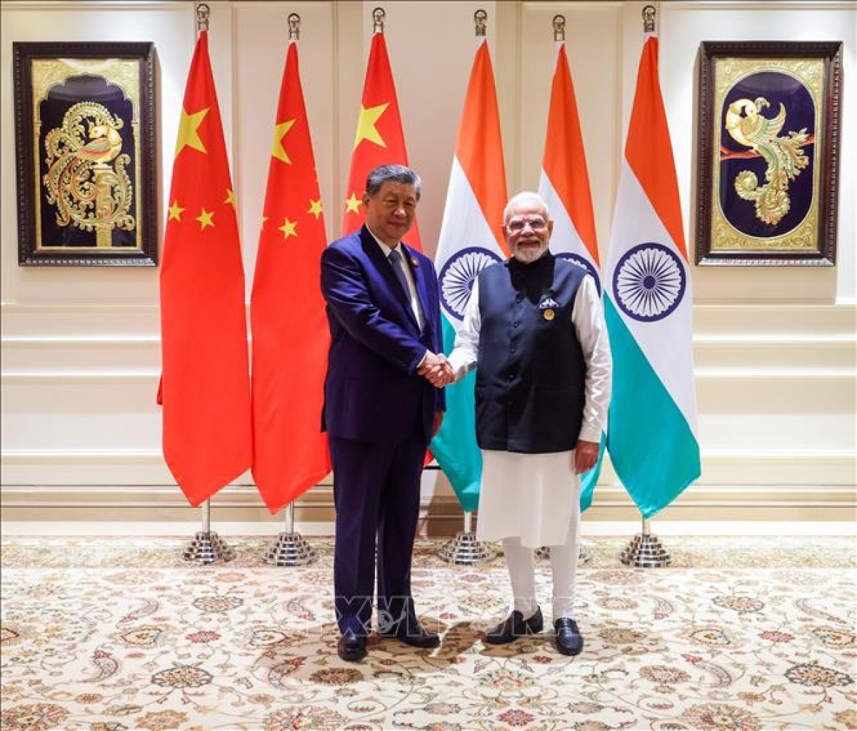Rencontre entre le Premier ministre indien Narendra Modi et le président chinois Xi Jinping, en marge du 18e Sommet des BRICS à New Delhi, le 12 septembre 2026. Photo: ANI/TTXVN