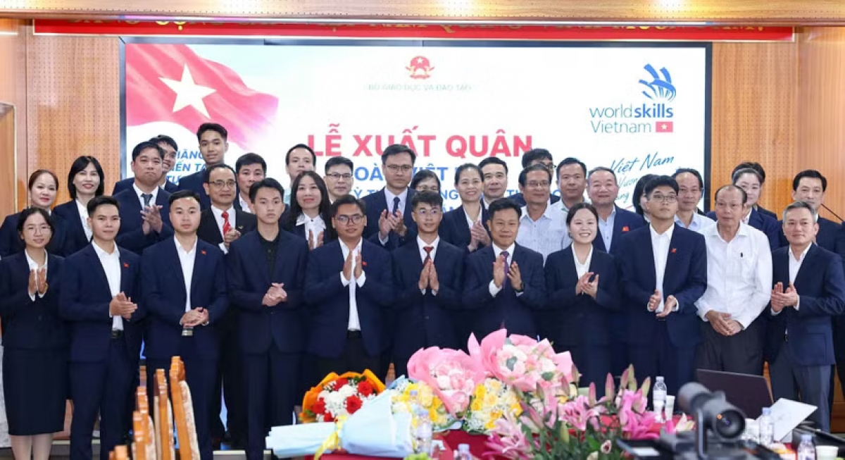 Đoàn Việt Nam tham dự kỳ thi Kỹ năng nghề thế giới lần thứ 48. Ảnh: Thanh Tùng/TTXVN
