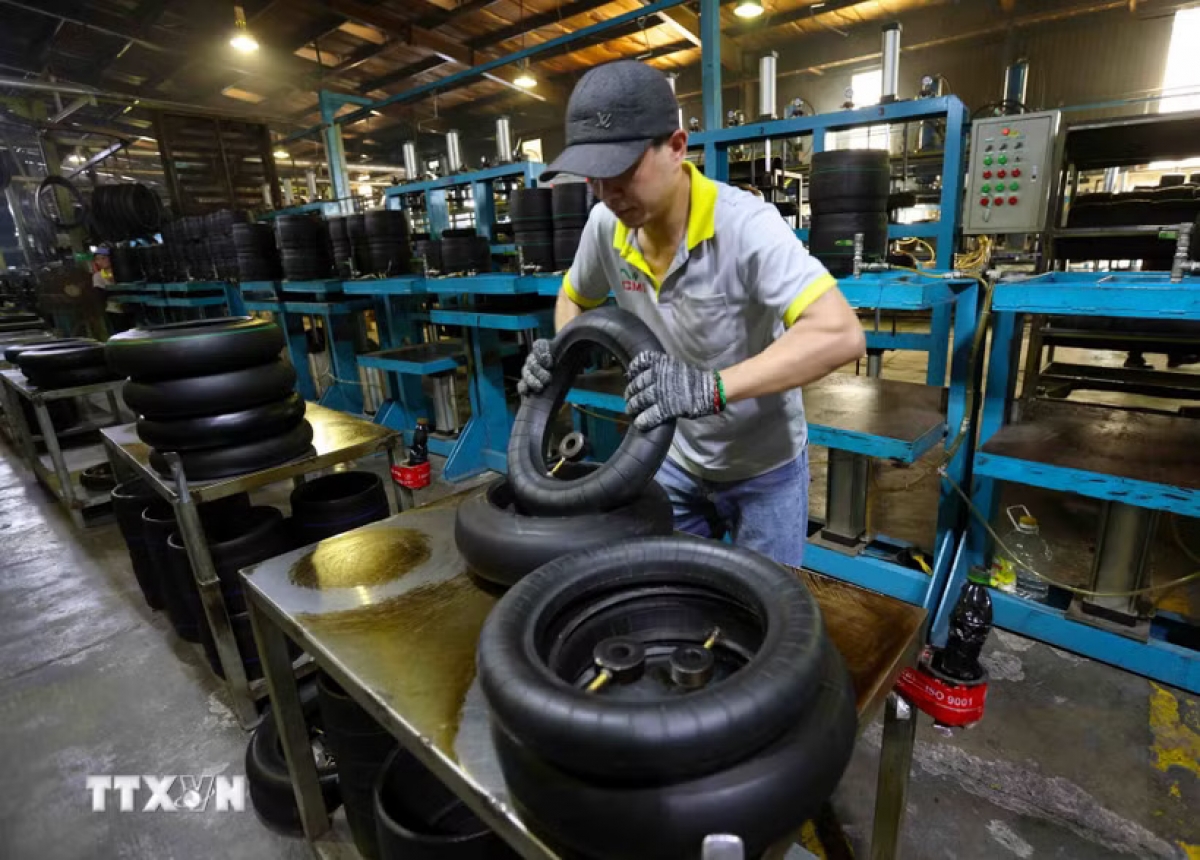 
Motorcycle tires are manufactured at a factory of a wholly Thai-owned company in the Lao Bao International Border Gate Economic Zone, Quang Tri Province. (Photo: Vu Sinh/VNA)
