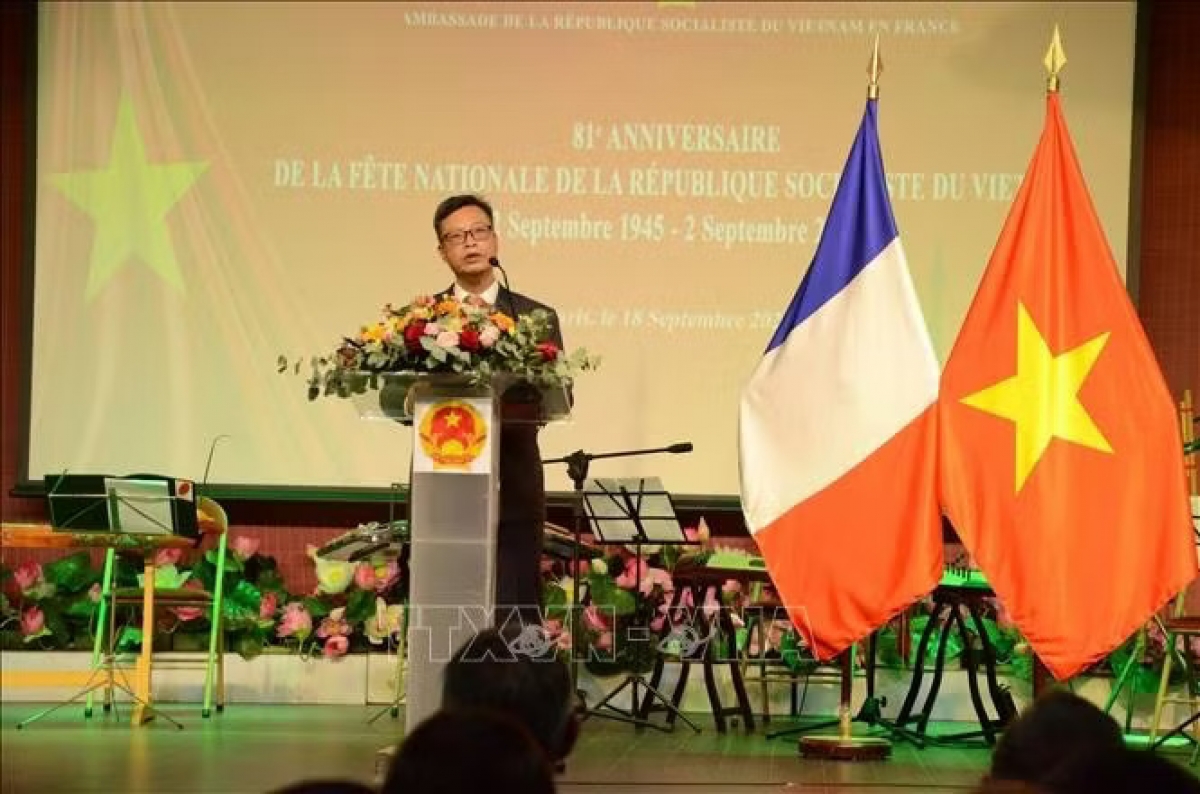 Đại sứ Việt Nam tại Pháp Trịnh Đức Hải phát biểu tại buổi lễ. Ảnh: Hữu Chiến/PV TTXVN tại Pháp