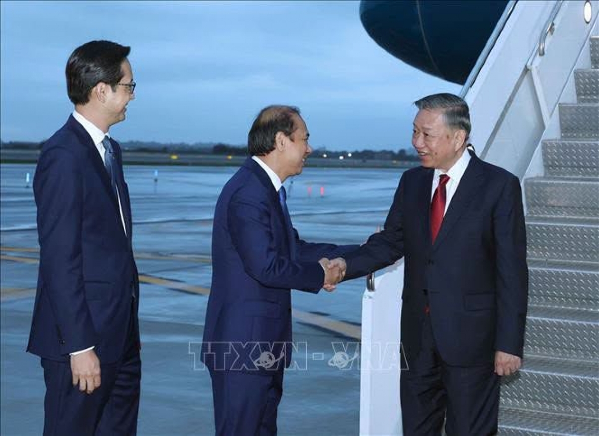 越南驻美国大使阮国勇和越南常驻联合国代表团团长杜雄越大使在机场迎接苏林总书记、国家主席