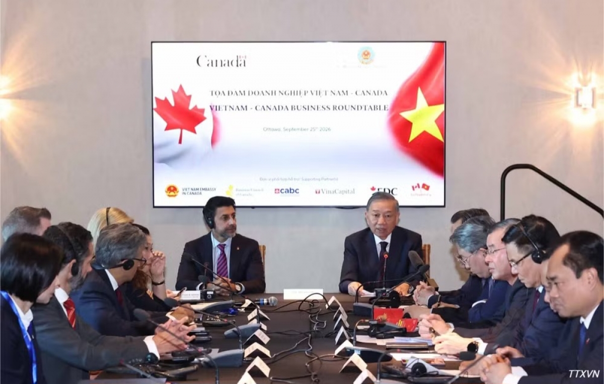 General Secretary and President To Lam speaking at the Vietnam-Canada business roundtable. (Photo: VNA)