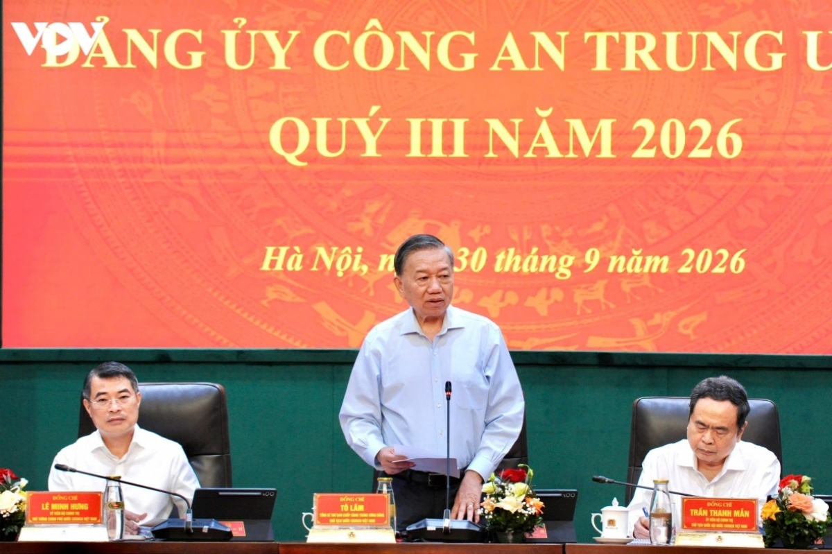 Tổng Bí thư, Chủ tịch nước Tô Lâm dự và phát biểu chỉ đạo Hội nghị Đảng ủy Công an Trung ương Quý III năm 2026. Ảnh: VOV