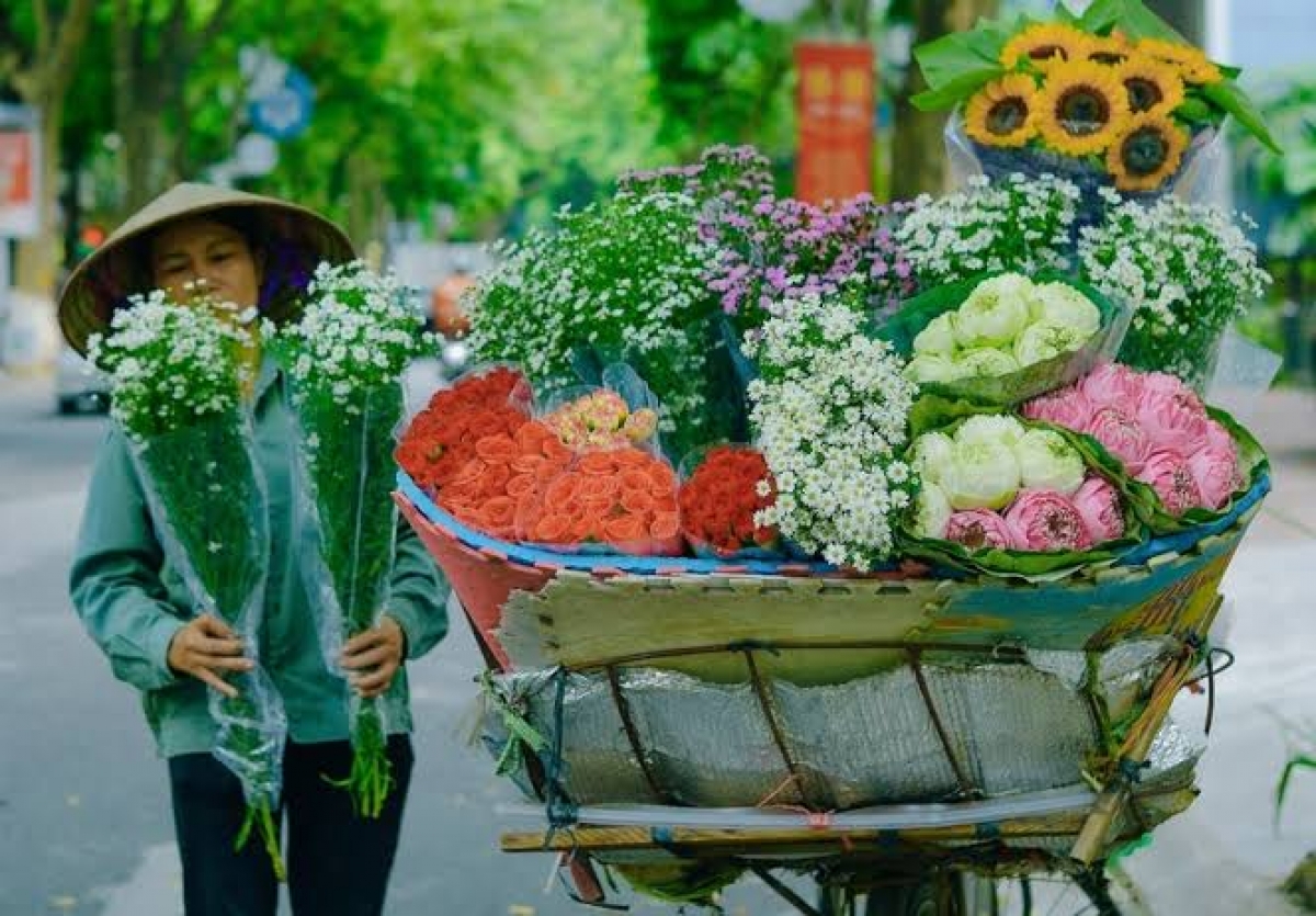 A flower vendor cycles through the streets of Hanoi, her bicycle laden with colorful blooms.