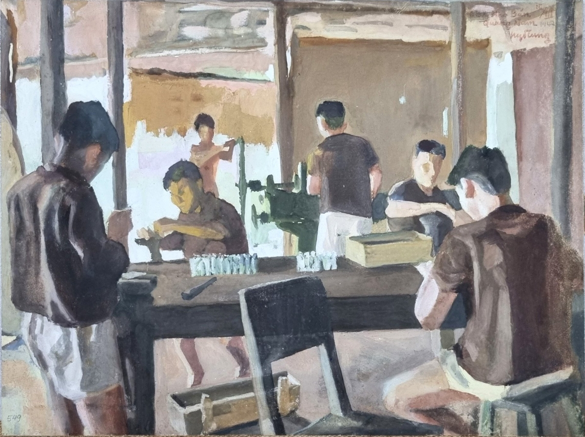 Tranh bột màu giấy Làm kíp lựu đạn của họa sĩ Nguyễn Đỗ Cung, vẽ năm 1947 - Nguồn: baochinhphu.vn