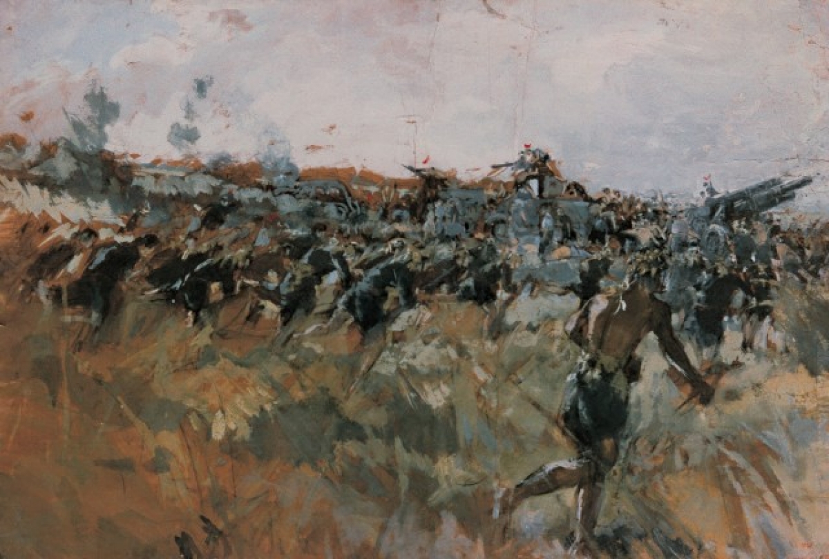Nguyễn Hiêm, Trận Tầm Vu, bột màu, 1948 - Nguồn ảnh: ape.gov.vn (từ bài trên Tạp chí Mỹ thuật Nhiếp ảnh số tháng 7+8/2015)