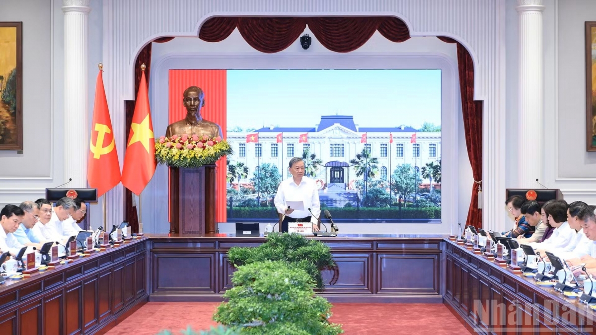 General Secretary and President To Lam chairs a meeting with the Government’s Party Committee and relevant agencies. (Photo: Baonhandan)