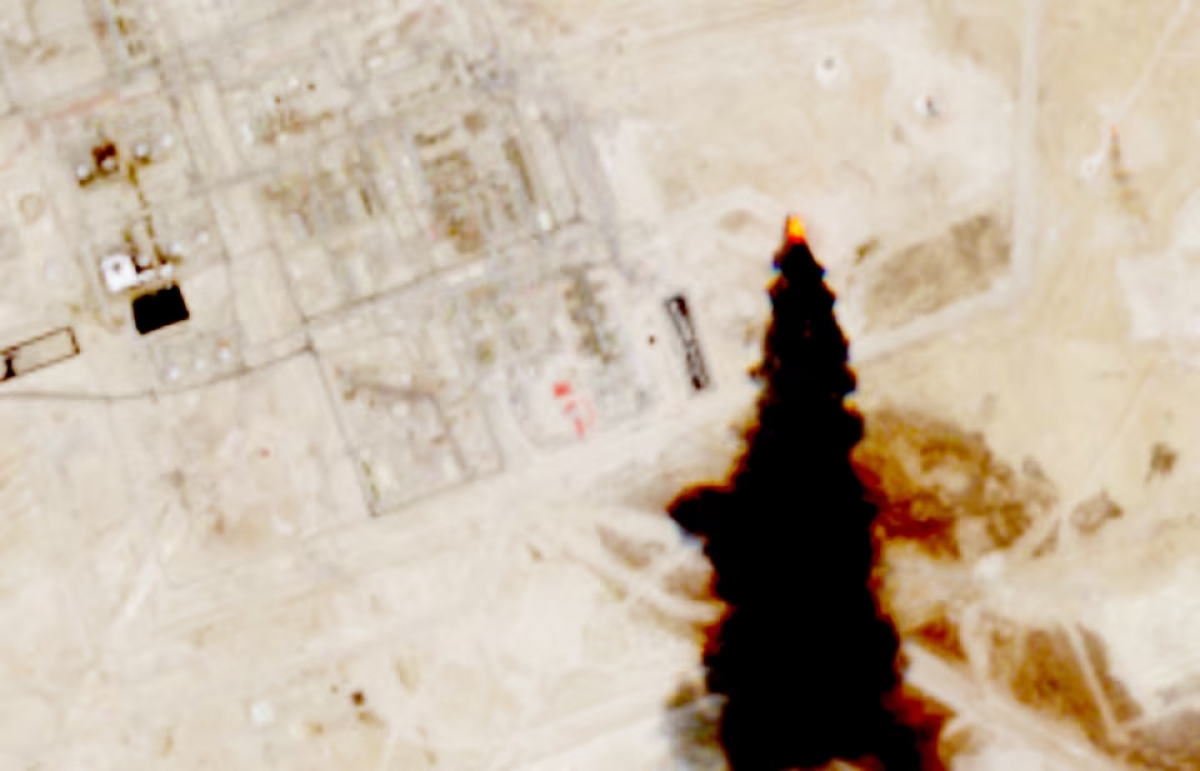 A satellite image shows smoke coming out of an oil facility in Saudi Arabia on July 27, 2026. (Photo: European Union/Copernicus Sentinel-2/REUTERS)