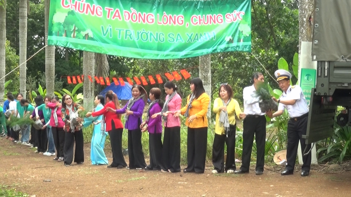 Young plants are presented to Spratly islanders (Photo: Thu Lan/ VOV1)