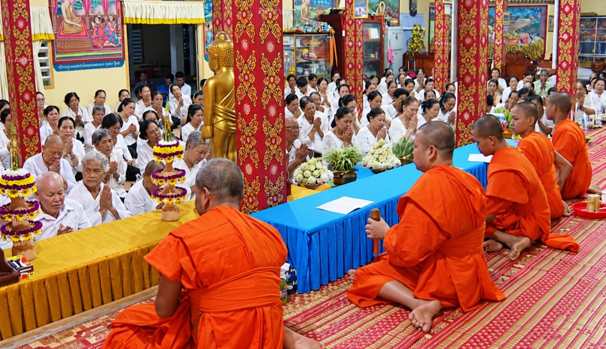 Buddhist followers listen as monks recite the Discourse on Downfall. (Photo: Thach Tra Vinh/VOV-Mekong Delta)