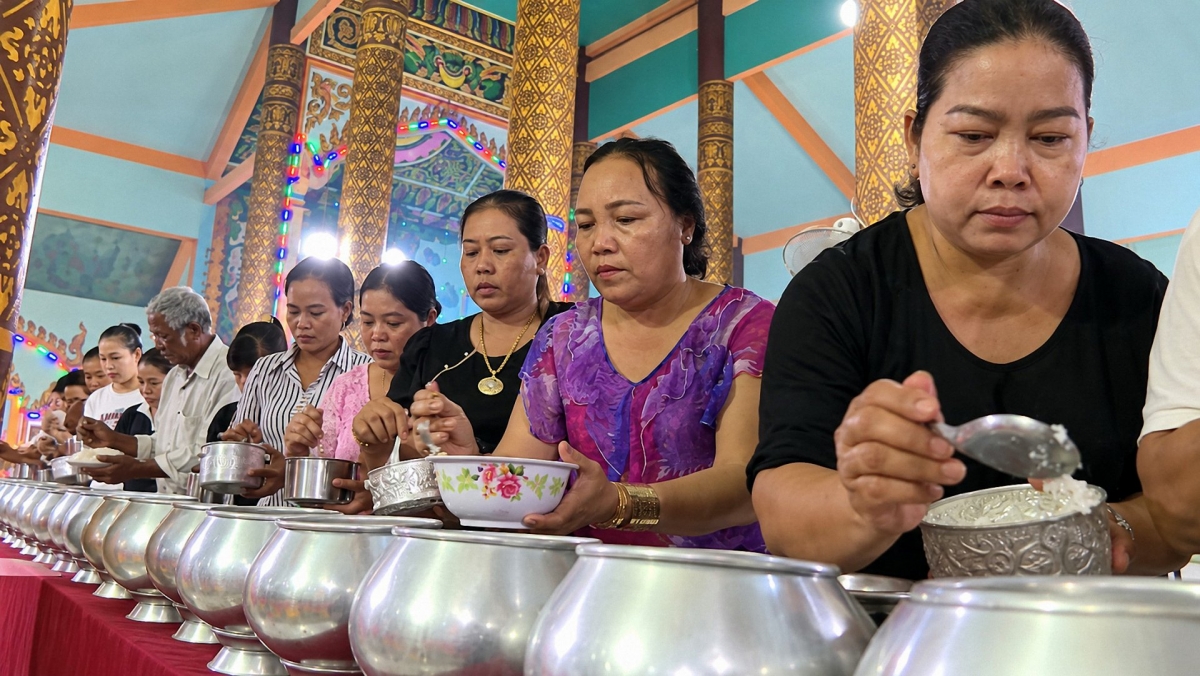 Khmer people offer alms to monks at Somrong Ek pagoda. (Photo: Thach Tra Vinh/VOV-Mekong Delta)