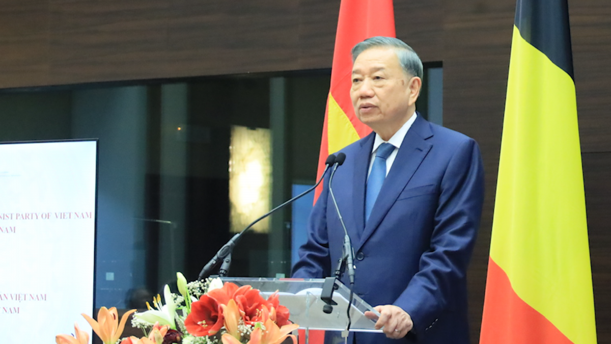 Tổng Bí thư, Chủ tịch nước Tô Lâm phát biểu chính sách tại Viện Quan hệ Quốc tế hoàng gia Egmont, Bỉ. Ảnh: VOV