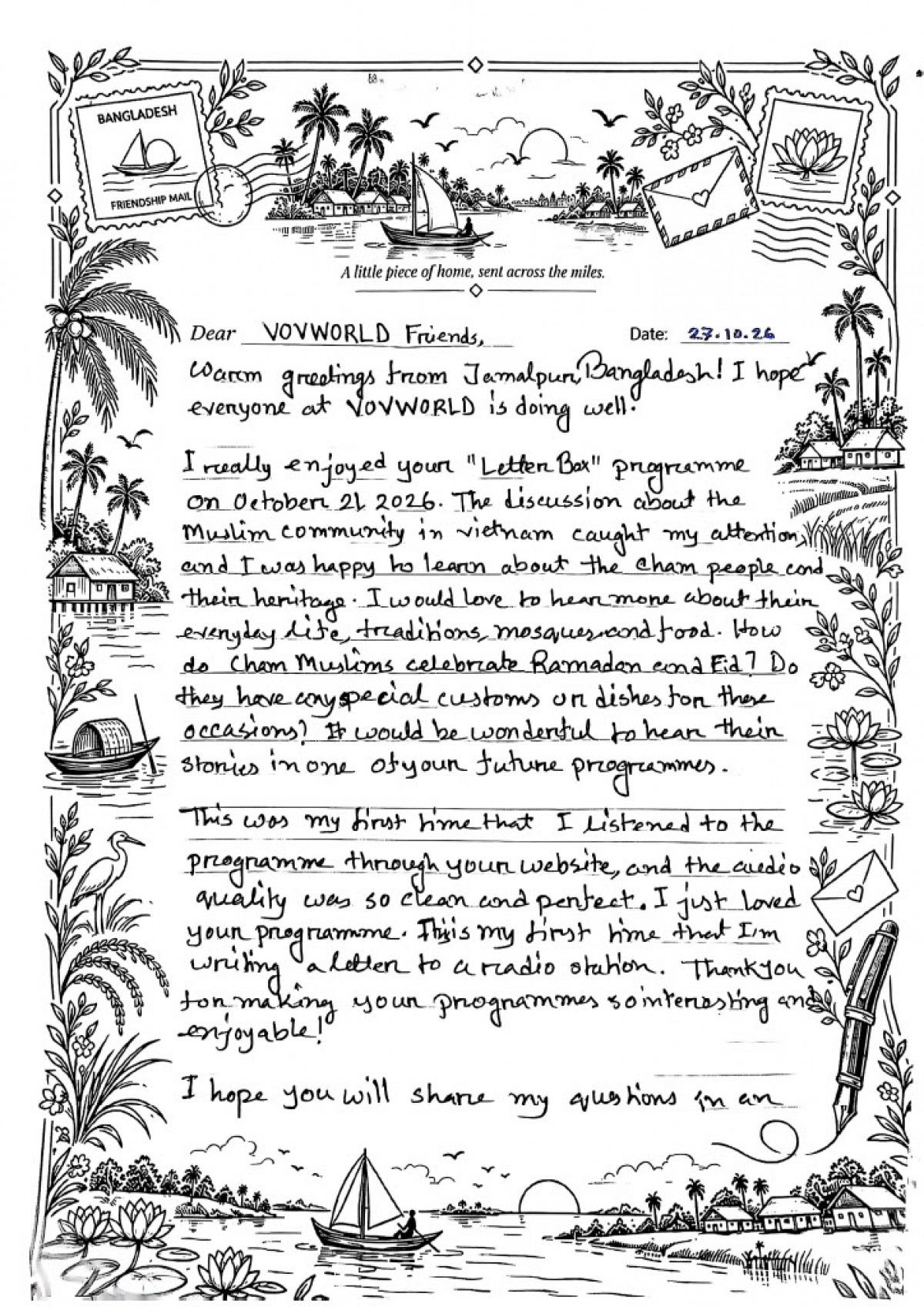 Sadman Sharar Shopan in Bangladesh sends us<br>
a carefully handwritten letter via email.