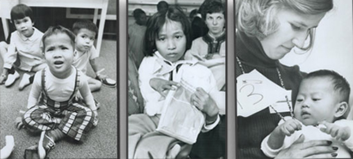 Some of the roughly 55 Vietnamese children who landed in Toronto after being airlifted out of South Vietnam in April 1975. Volunteer Jane Casey, right, who accompanied the children on their journey, said: They almost looked to be shell-shocked.