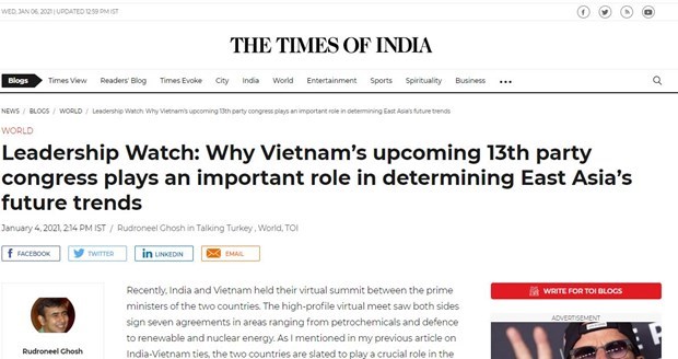 Prensa india resalta importancia del XIII Congreso Nacional del Partido Comunista de Vietnam