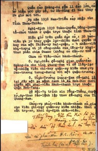 Tài liệu nói về quản lý, bảo vệ Hoàng Sa năm 1960 của chính quyền VN Cộng hòa.