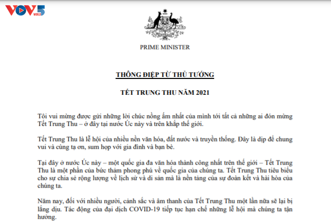 Primer ministro australiano transmite felicitación en vietnamita por la Fiesta del Medio Otoño