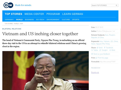 ສື່ມວນຊົນເຢຍລະມັນຕີລາຄາສູງການຢ້ຽມຢາມອາເມລິກາຂອງທ່ານເລຂາທິການໃຫຍ່ຫງວຽນຟຸ໋ຈ້ອງ