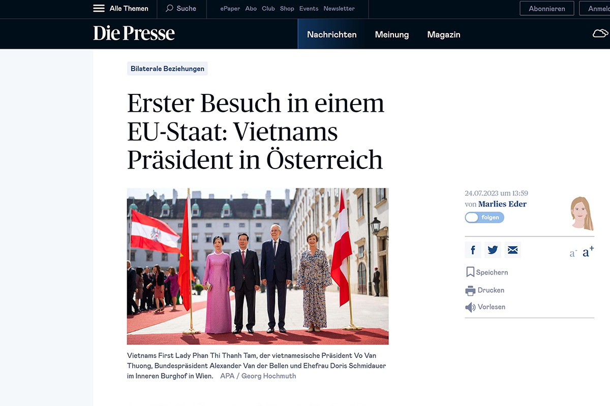 Österreichs Medien berichten über den Besuch des Staatspräsidenten Vo Van Thuong