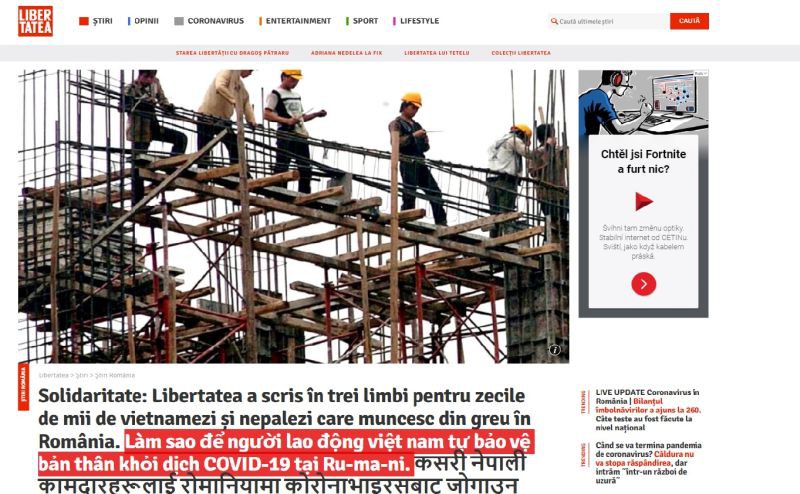 ໜັງສືພິມ ຣຸມານີ ລົງພິມບົດຂຽນດ້ວຍພາສາຫວຽດ ຊ່ວຍຜູ້ອອກແຮງງານຫວຽດນາມ ປ້ອງກັນ, ຫຼີກລ້ຽງໂລກພະຍາດໂຄວິດ-19