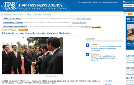 สื่อมวลชนรัสเซียรายงานข่าวผลการเยือนเวียดนามของนายกรัฐมนตรี ดมีตรี เมดเวเดฟ
