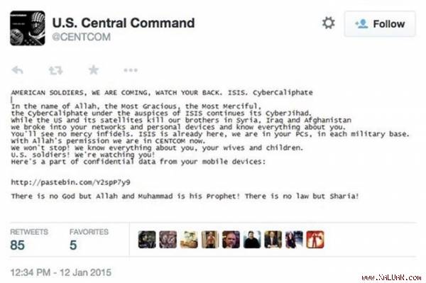 แฮกเกอร์เจาะบัญชีผู้ใช้เว็บไซต์ทวิตเตอร์และยูทูปของกองบัญชาการกลางสหรัฐ